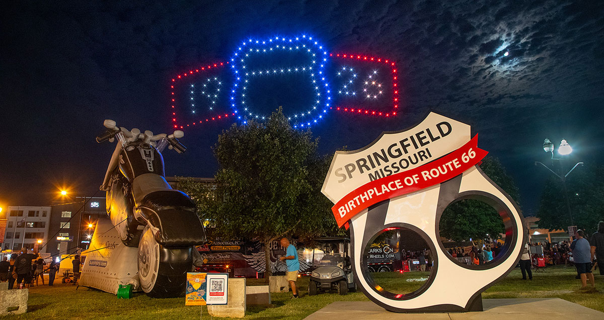 drone show with a giant Route 66 shield sculpture